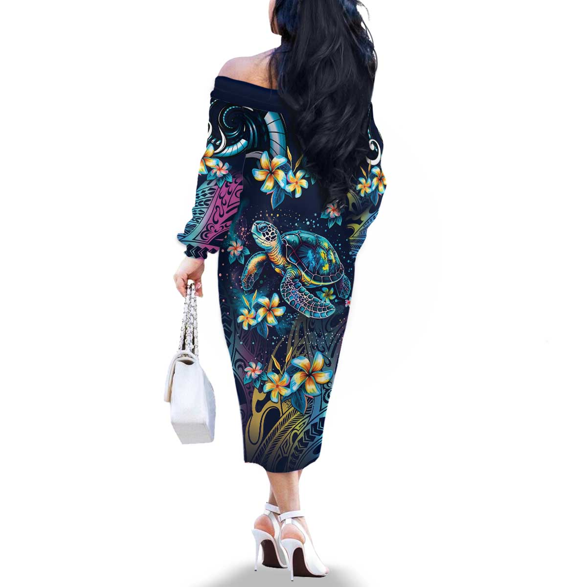 Plumeria Turtles Traditional Tribal Family Matching Off The Shoulder Long Sleeve Dress and Hawaiian Shirt LT9 - Polynesian Pride