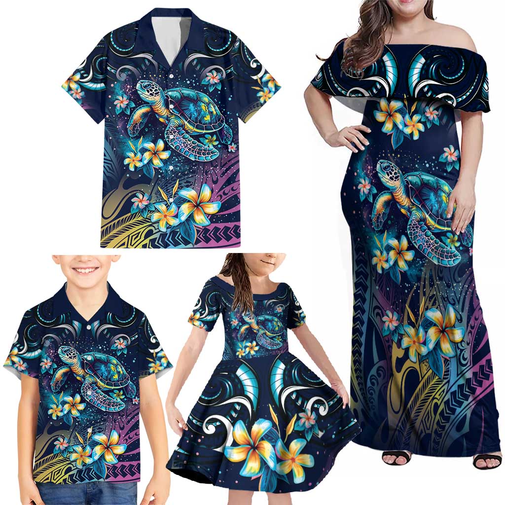 Plumeria Turtles Traditional Tribal Family Matching Off Shoulder Maxi Dress and Hawaiian Shirt LT9 - Polynesian Pride