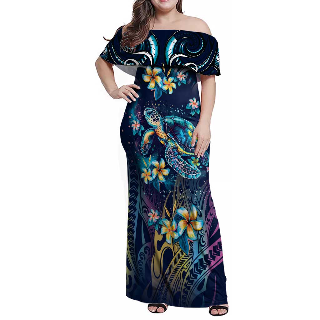 Plumeria Turtles Traditional Tribal Family Matching Off Shoulder Maxi Dress and Hawaiian Shirt LT9 Mom's Dress Black - Polynesian Pride