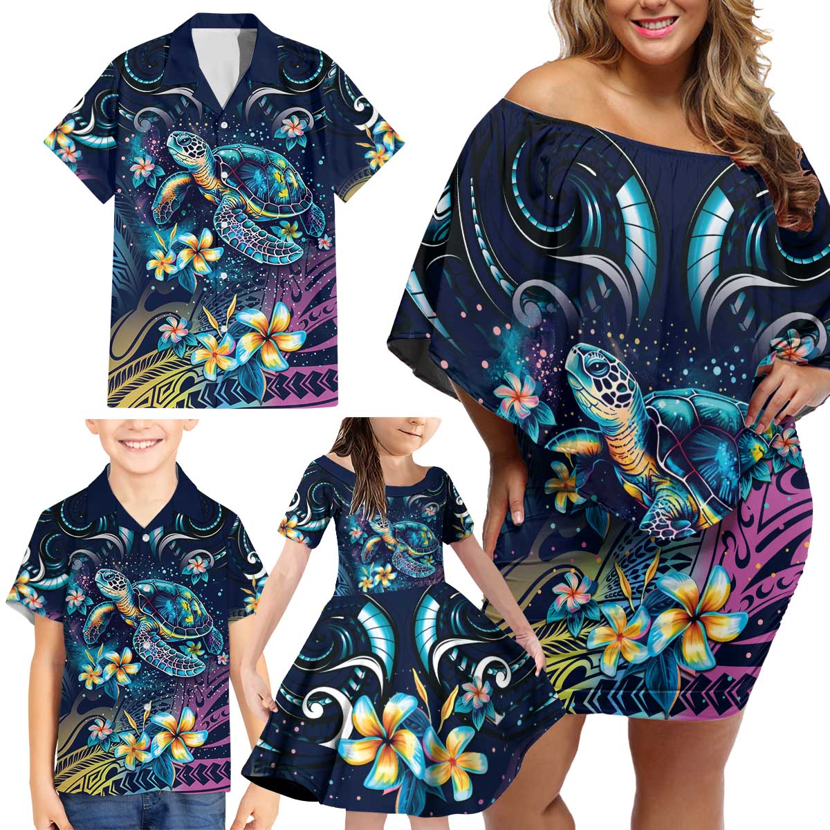 Plumeria Turtles Traditional Tribal Family Matching Off Shoulder Short Dress and Hawaiian Shirt LT9 - Polynesian Pride