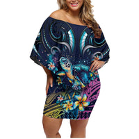 Plumeria Turtles Traditional Tribal Family Matching Off Shoulder Short Dress and Hawaiian Shirt LT9 Mom's Dress Black - Polynesian Pride