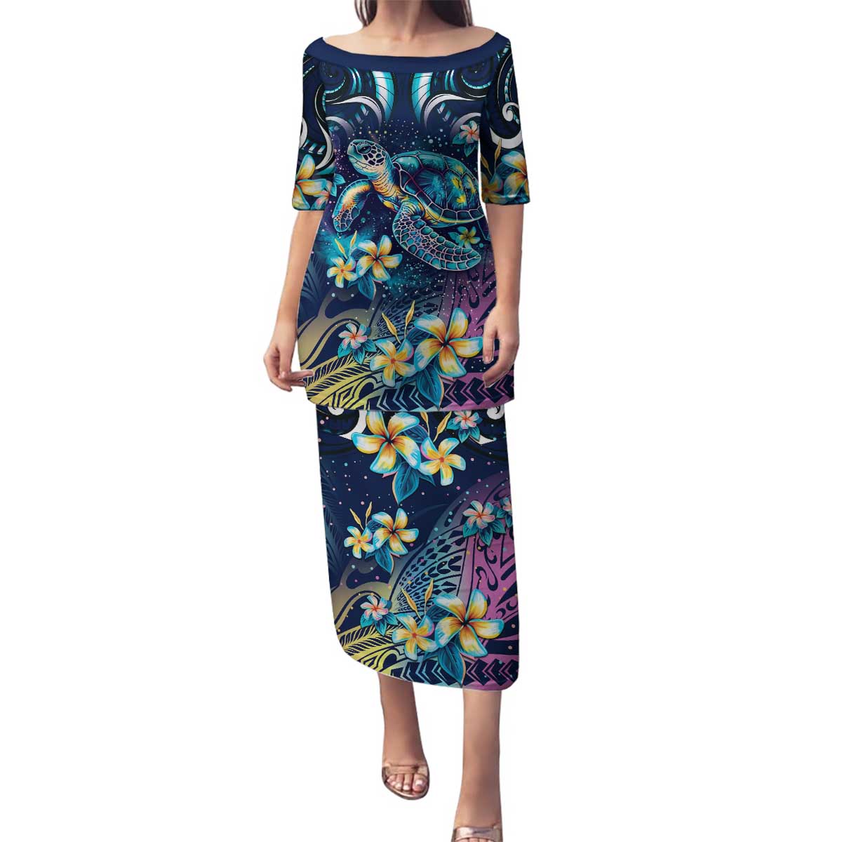 Plumeria Turtles Traditional Tribal Family Matching Puletasi and Hawaiian Shirt LT9 Mom's Dress Black - Polynesian Pride