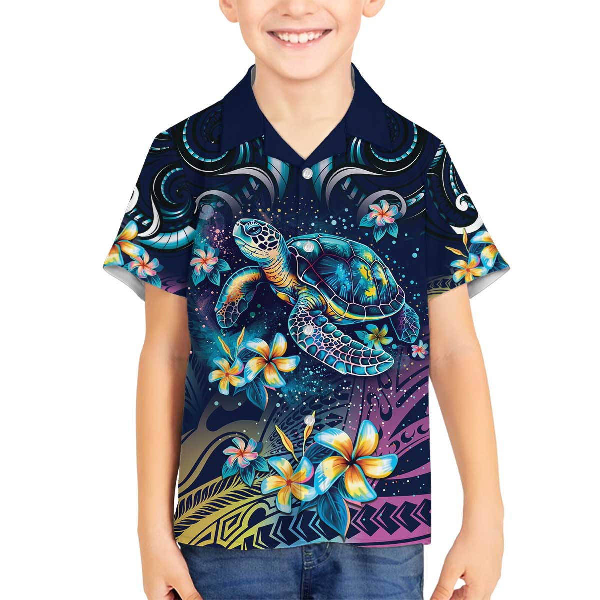 Plumeria Turtles Traditional Tribal Family Matching Puletasi and Hawaiian Shirt LT9 Son's Shirt Black - Polynesian Pride
