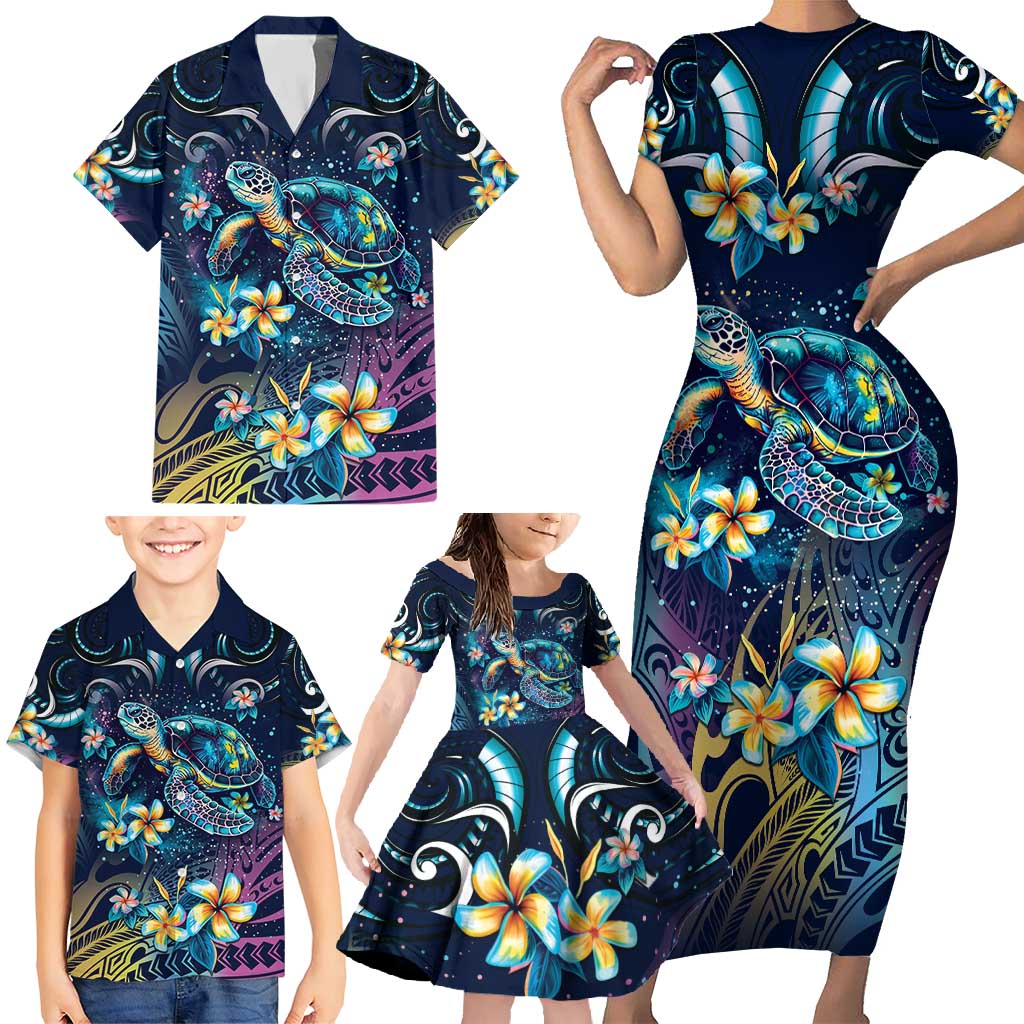Plumeria Turtles Traditional Tribal Family Matching Short Sleeve Bodycon Dress and Hawaiian Shirt LT9 - Polynesian Pride