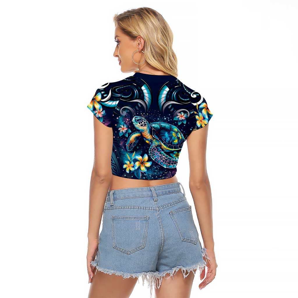 Plumeria Turtles Traditional Tribal Raglan Cropped T Shirt