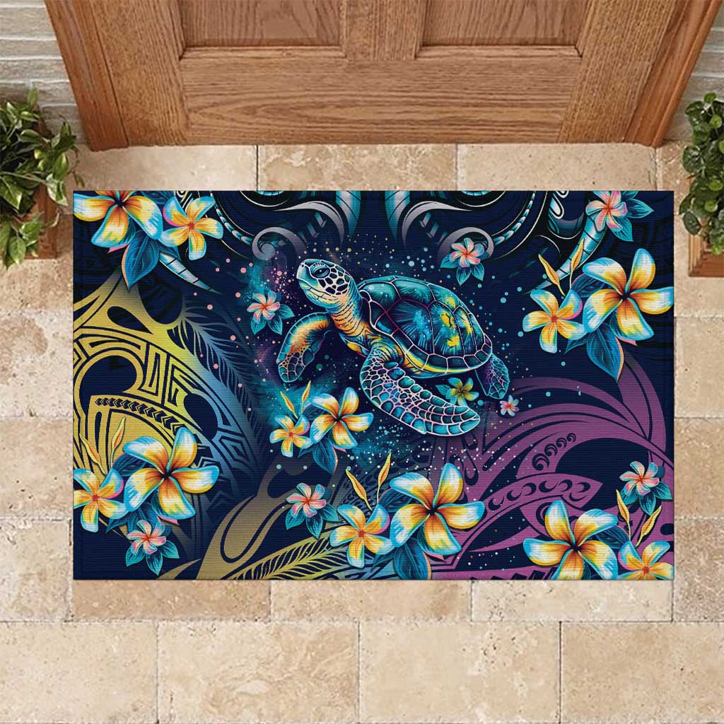 Plumeria Turtles Traditional Tribal Rubber Doormat
