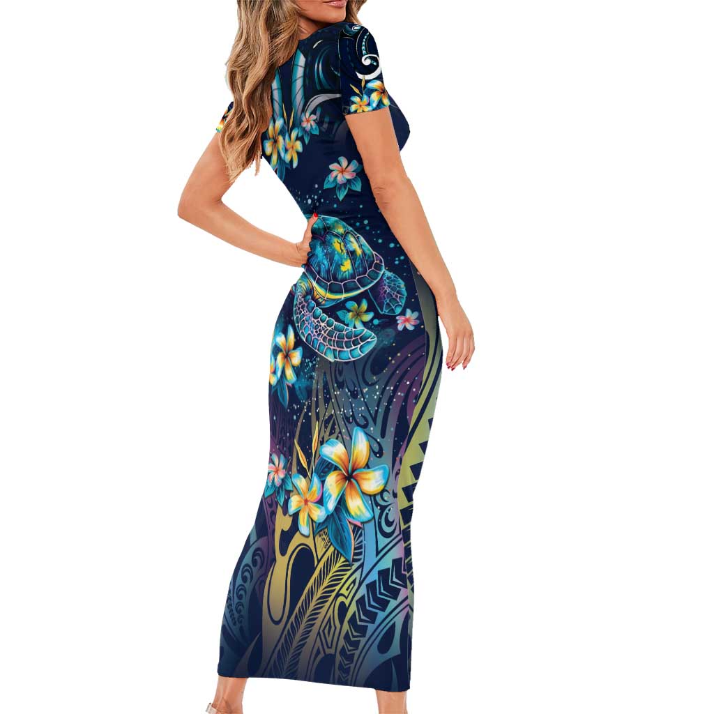 Plumeria Turtles Traditional Tribal Short Sleeve Bodycon Dress