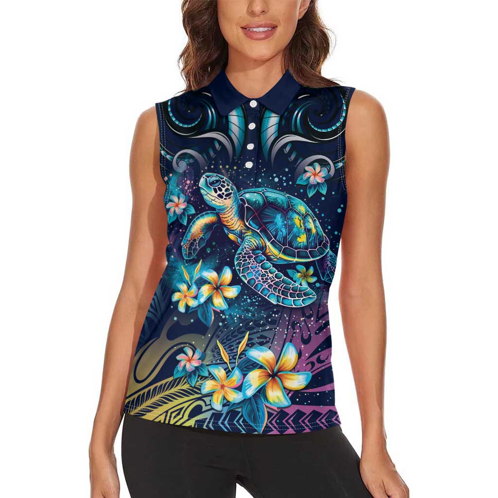 Plumeria Turtles Traditional Tribal Women Sleeveless Polo Shirt