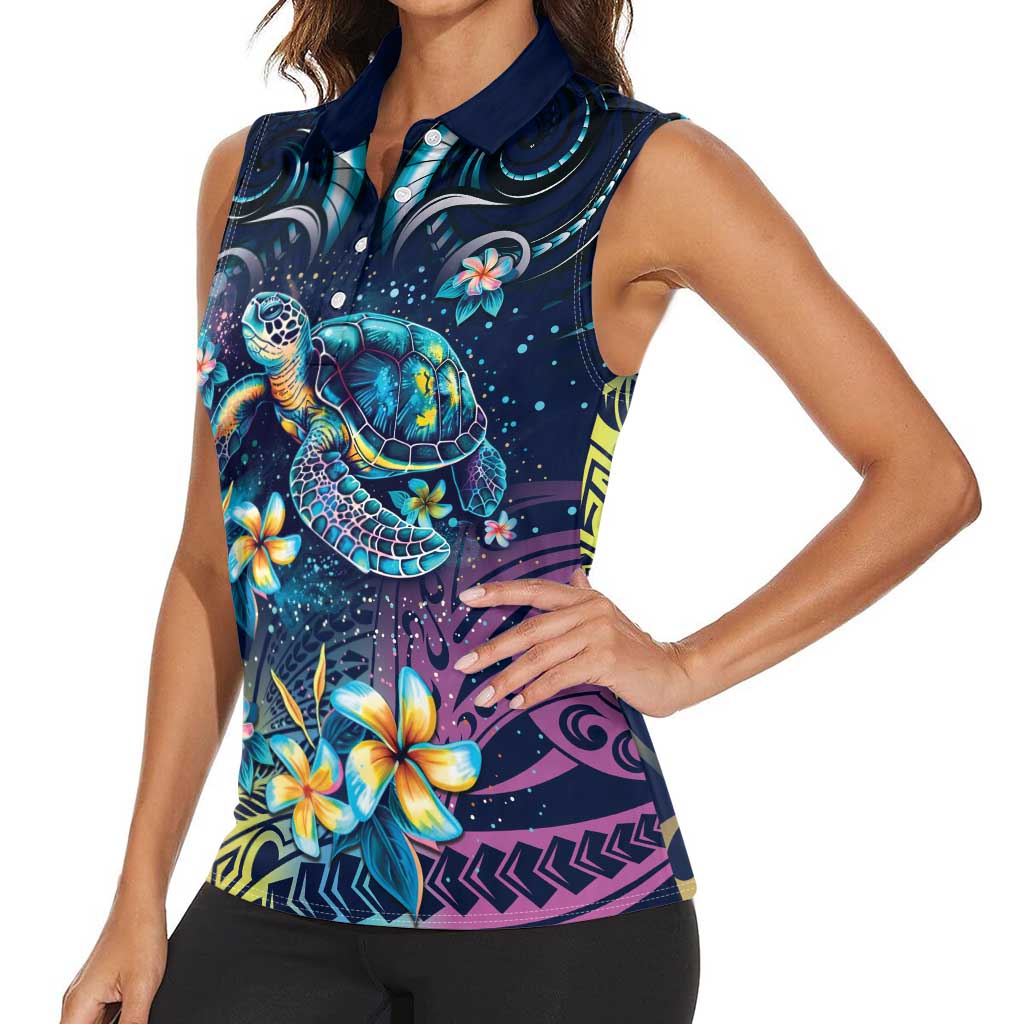 Plumeria Turtles Traditional Tribal Women Sleeveless Polo Shirt