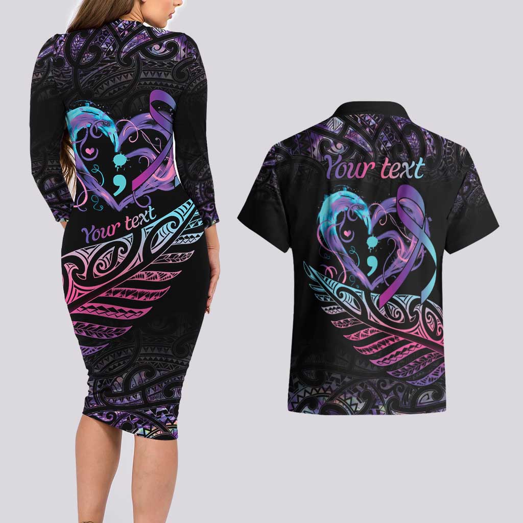 Personalised Your Life Matters Couples Matching Long Sleeve Bodycon Dress and Hawaiian Shirt Suicide Prevention Awareness Semicolon Heart LT9 - Polynesian Pride