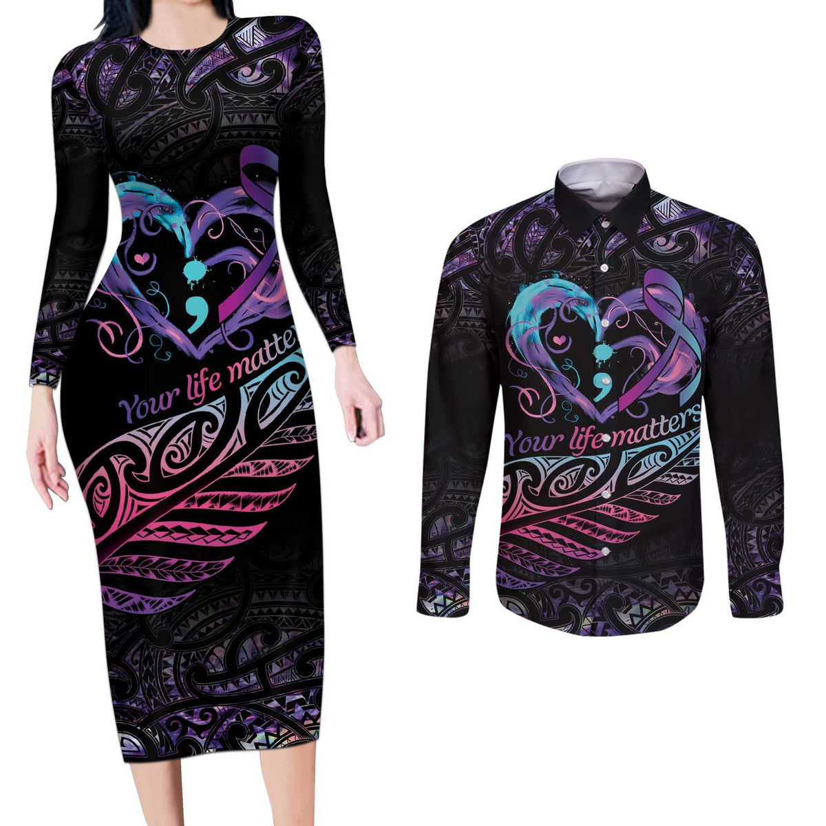 Personalised Your Life Matters Couples Matching Long Sleeve Bodycon Dress and Long Sleeve Button Shirt Suicide Prevention Awareness Semicolon Heart