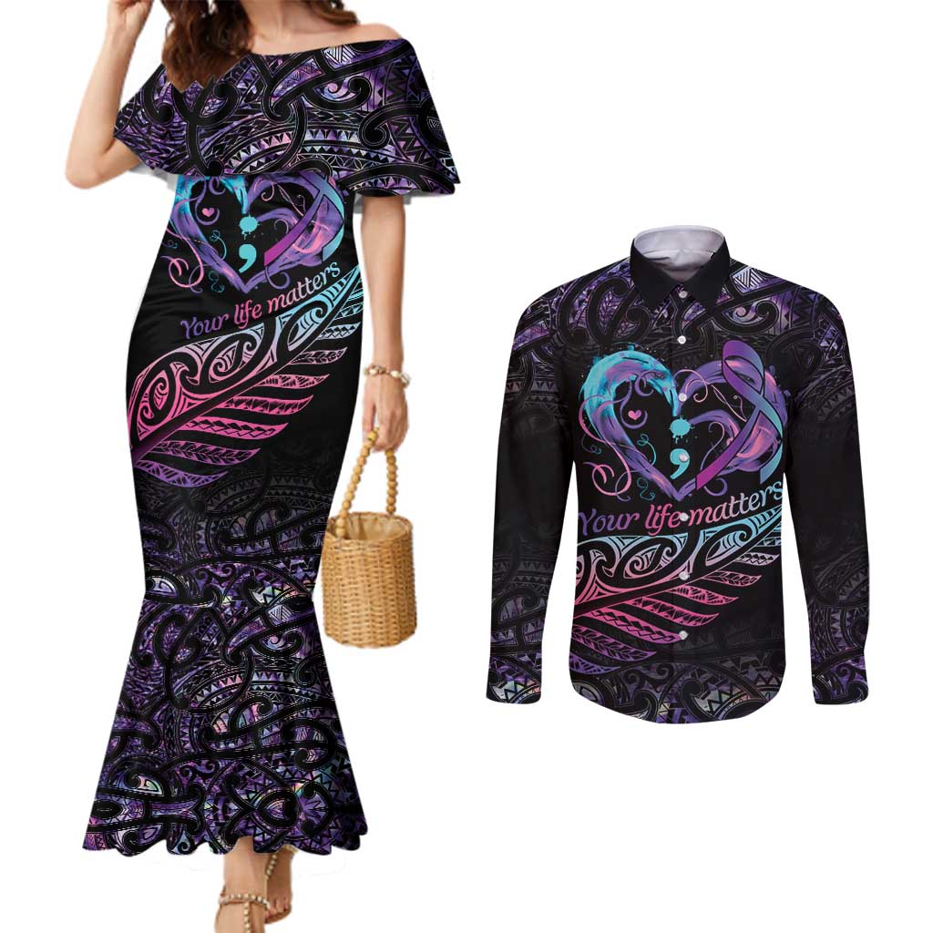 Personalised Your Life Matters Couples Matching Mermaid Dress and Long Sleeve Button Shirt Suicide Prevention Awareness Semicolon Heart
