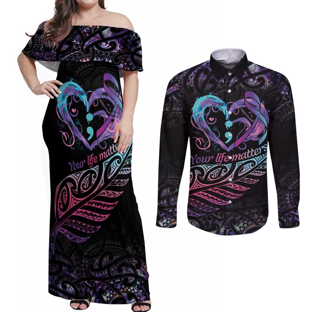 Personalised Your Life Matters Couples Matching Off Shoulder Maxi Dress and Long Sleeve Button Shirt Suicide Prevention Awareness Semicolon Heart