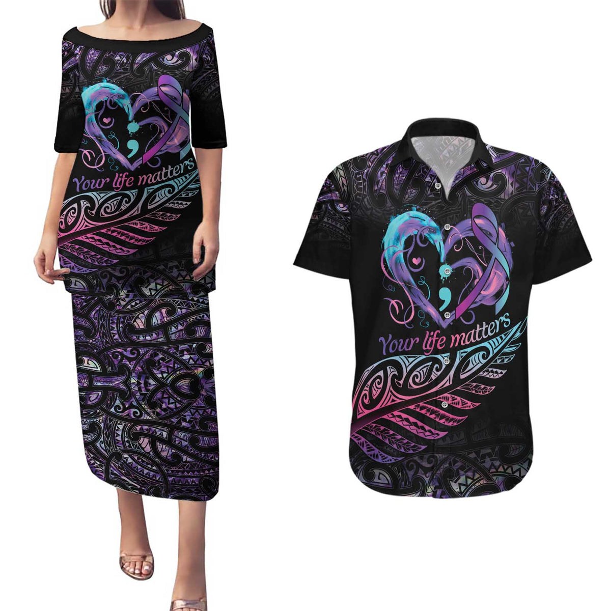 Personalised Your Life Matters Couples Matching Puletasi and Hawaiian Shirt Suicide Prevention Awareness Semicolon Heart