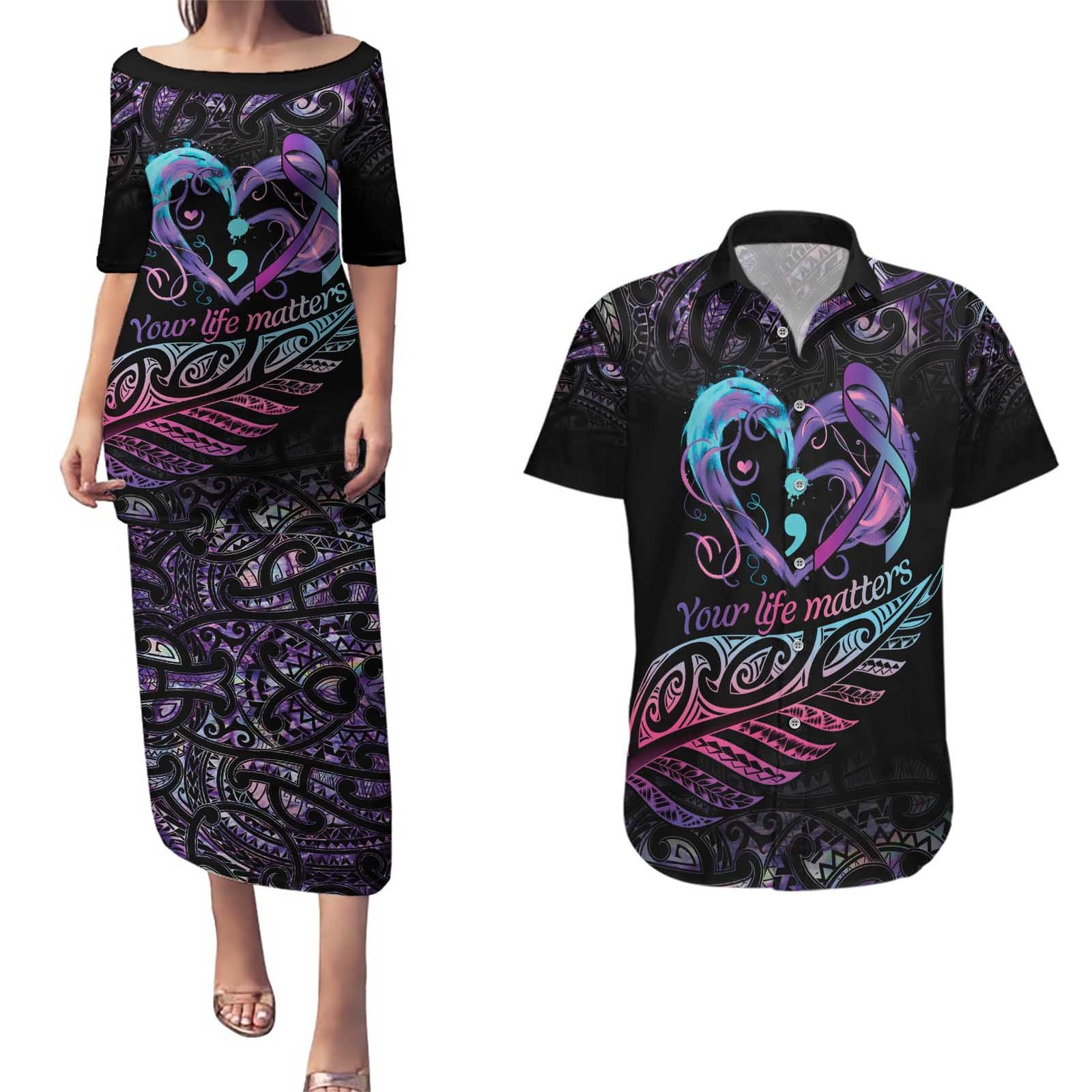 Personalised Your Life Matters Couples Matching Puletasi and Hawaiian Shirt Suicide Prevention Awareness Semicolon Heart