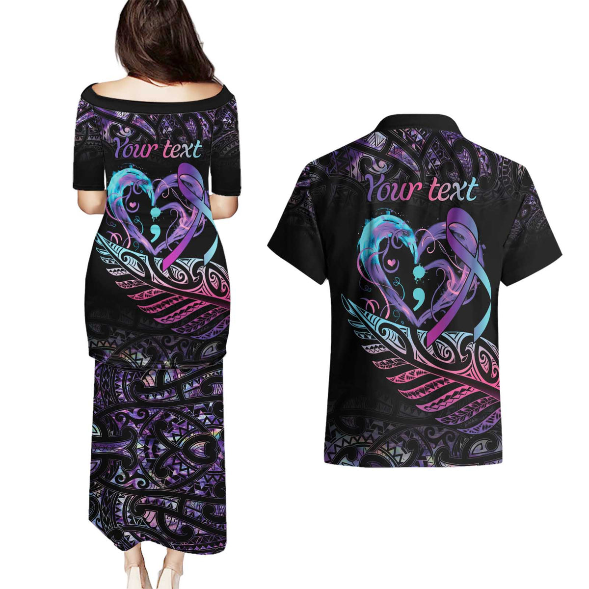 Personalised Your Life Matters Couples Matching Puletasi and Hawaiian Shirt Suicide Prevention Awareness Semicolon Heart