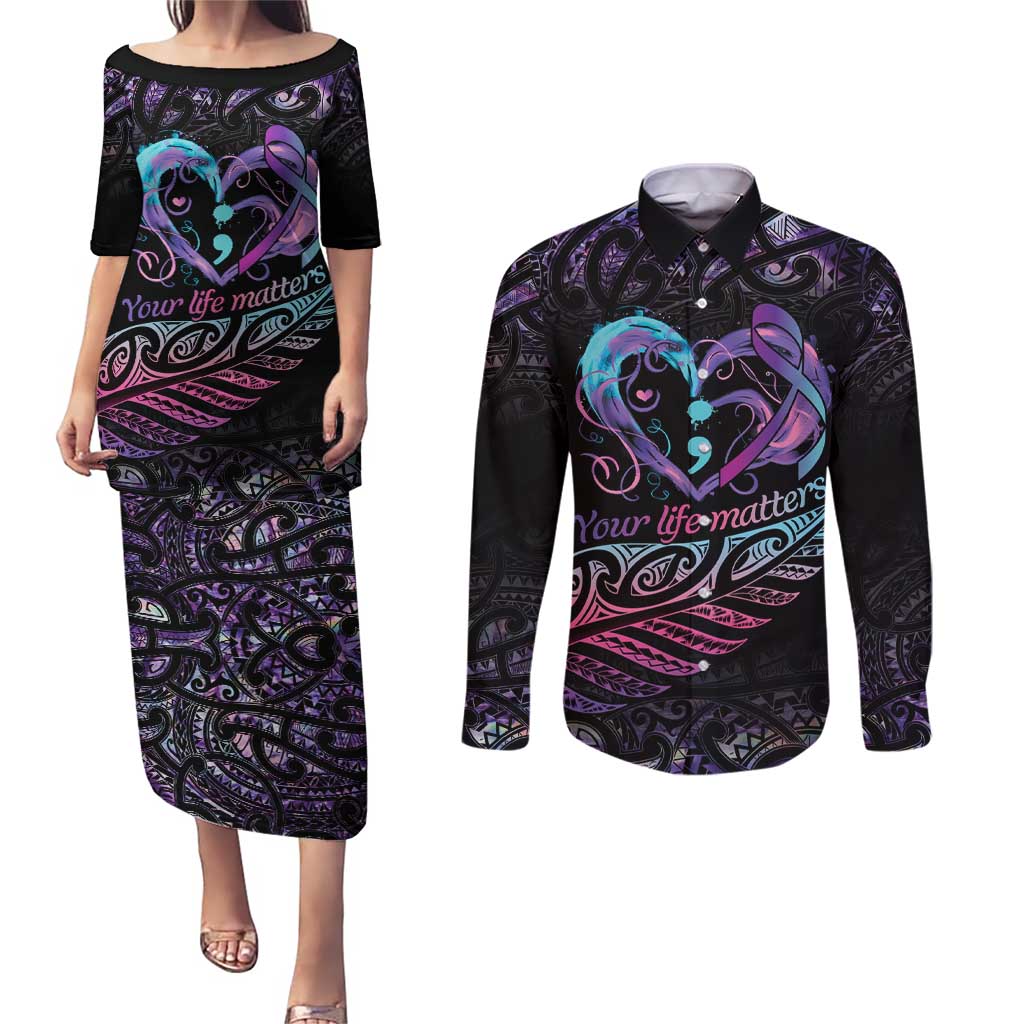Personalised Your Life Matters Couples Matching Puletasi and Long Sleeve Button Shirt Suicide Prevention Awareness Semicolon Heart