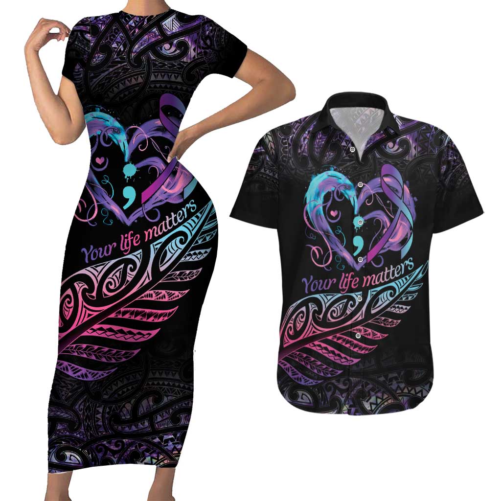 Personalised Your Life Matters Couples Matching Short Sleeve Bodycon Dress and Hawaiian Shirt Suicide Prevention Awareness Semicolon Heart LT9 Black - Polynesian Pride