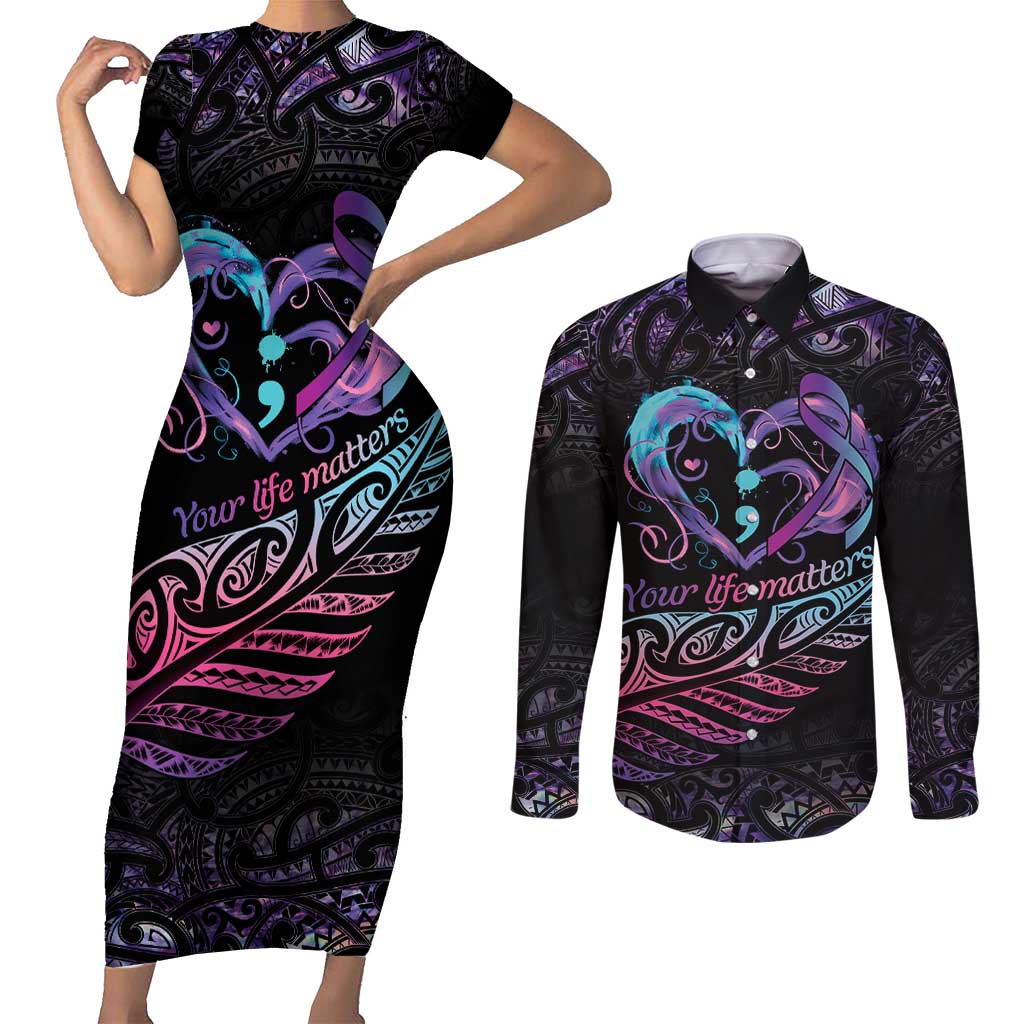 Personalised Your Life Matters Couples Matching Short Sleeve Bodycon Dress and Long Sleeve Button Shirt Suicide Prevention Awareness Semicolon Heart