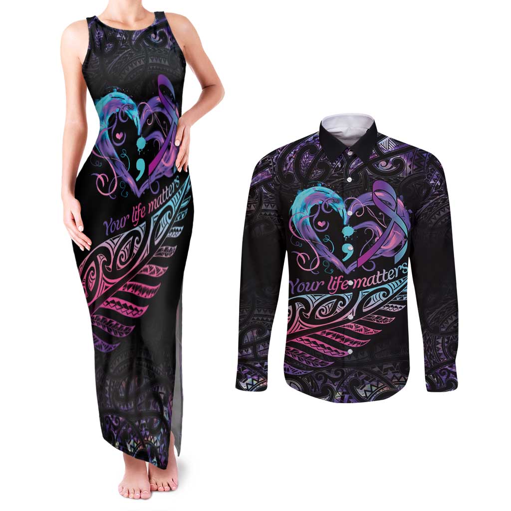 Personalised Your Life Matters Couples Matching Tank Maxi Dress and Long Sleeve Button Shirt Suicide Prevention Awareness Semicolon Heart