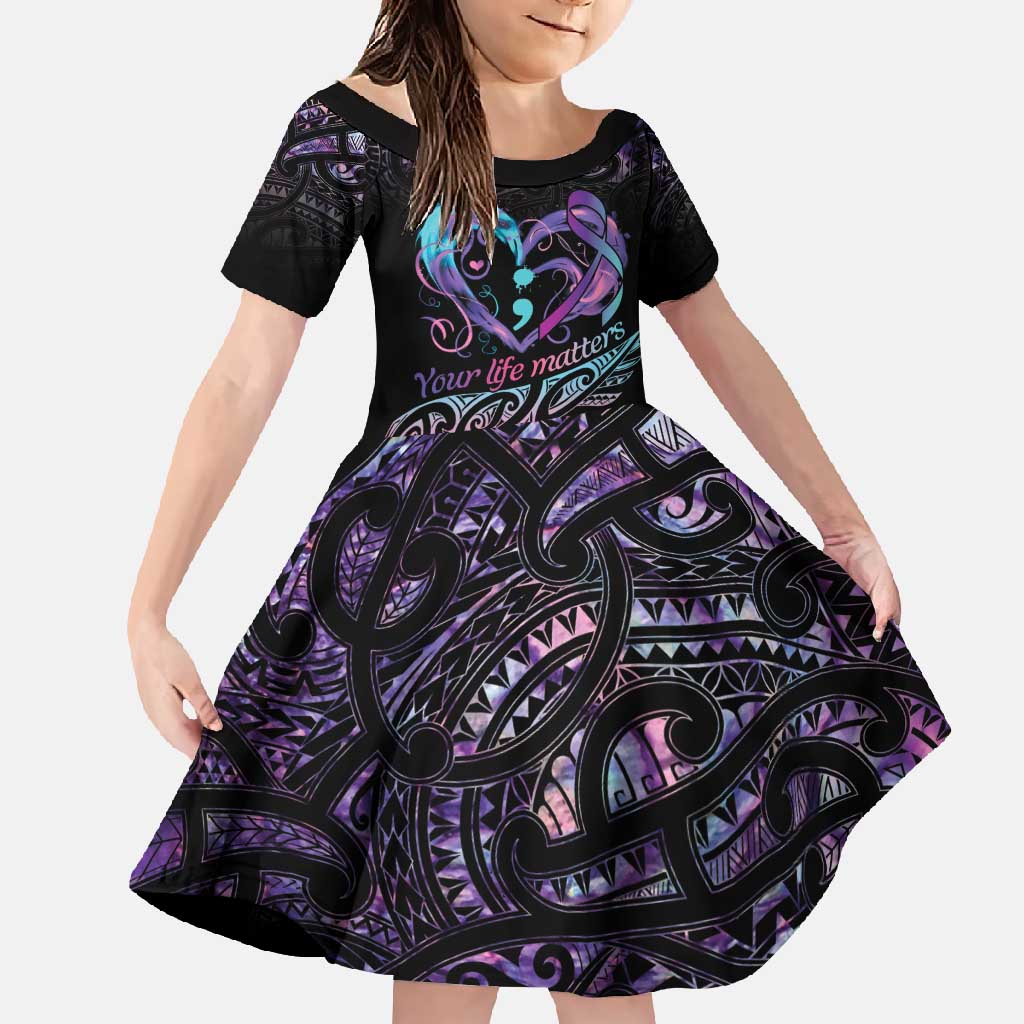 Personalised Your Life Matters Family Matching Long Sleeve Bodycon Dress and Hawaiian Shirt Suicide Prevention Awareness Semicolon Heart LT9 Daughter's Dress Black - Polynesian Pride