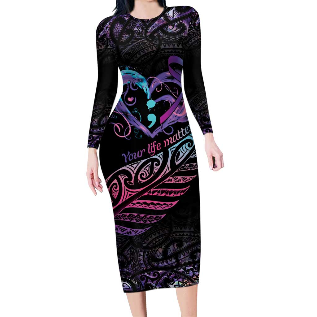 Personalised Your Life Matters Family Matching Long Sleeve Bodycon Dress and Hawaiian Shirt Suicide Prevention Awareness Semicolon Heart LT9 Mom's Dress Black - Polynesian Pride