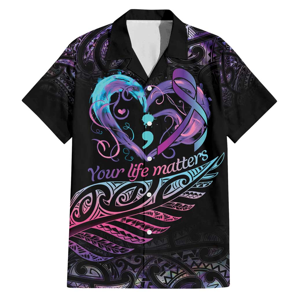 Personalised Your Life Matters Family Matching Mermaid Dress and Hawaiian Shirt Suicide Prevention Awareness Semicolon Heart LT9 Dad's Shirt - Short Sleeve Black - Polynesian Pride