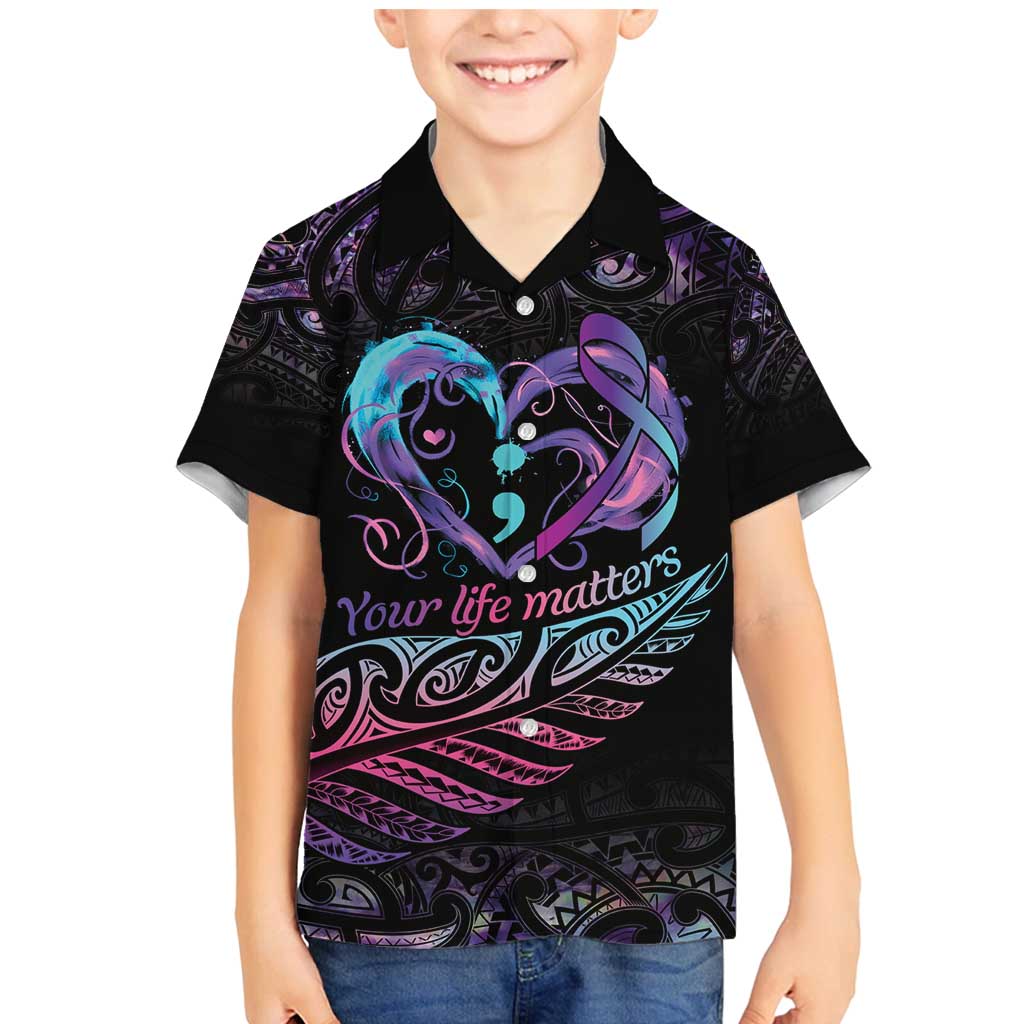 Personalised Your Life Matters Family Matching Mermaid Dress and Hawaiian Shirt Suicide Prevention Awareness Semicolon Heart LT9 Son's Shirt Black - Polynesian Pride