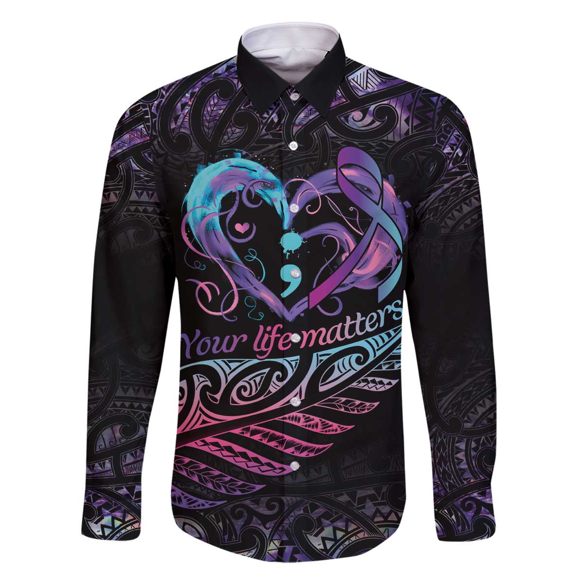 Personalised Your Life Matters Family Matching Off The Shoulder Long Sleeve Dress and Hawaiian Shirt Suicide Prevention Awareness Semicolon Heart LT9 Dad's Shirt - Long Sleeve Black - Polynesian Pride
