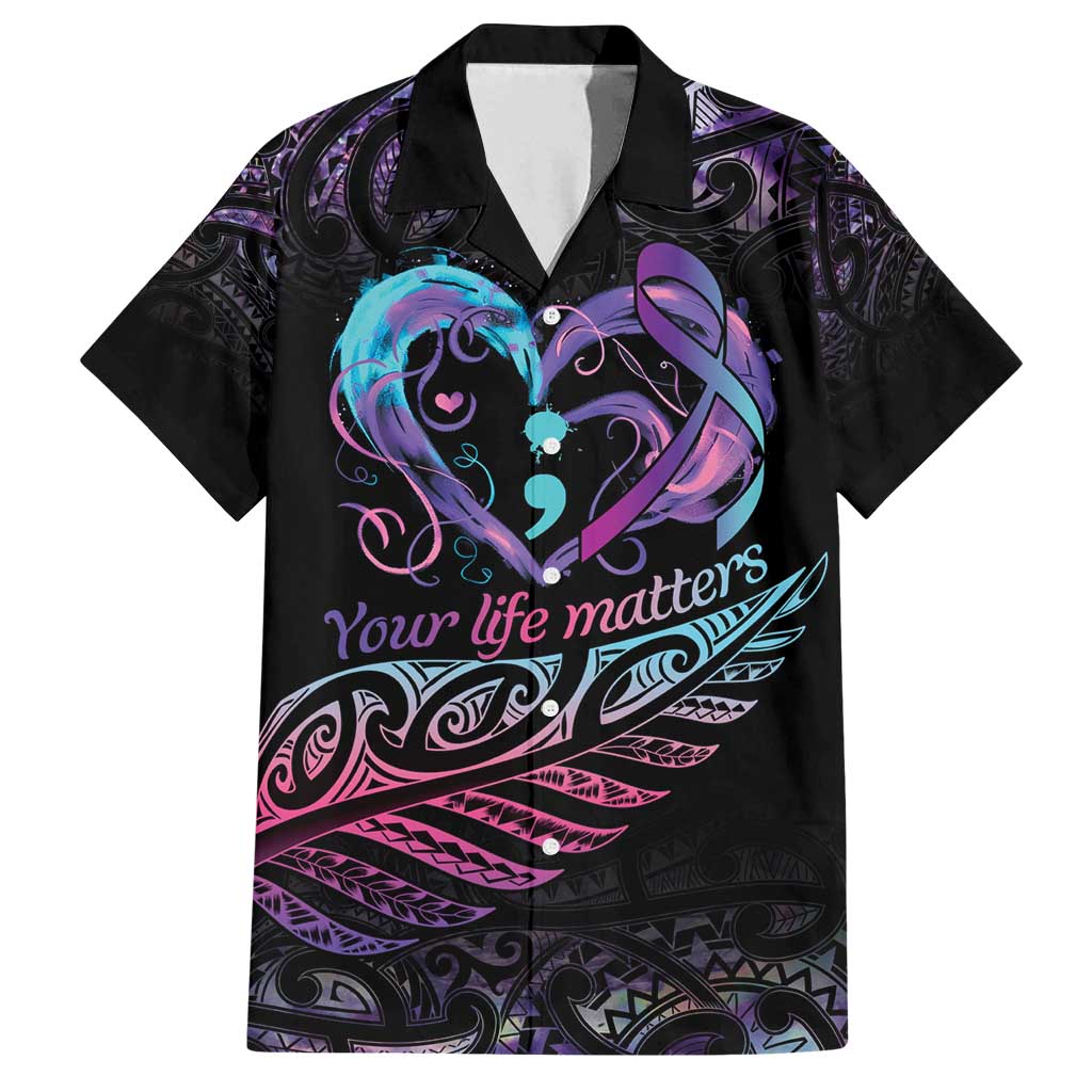 Personalised Your Life Matters Family Matching Off Shoulder Maxi Dress and Hawaiian Shirt Suicide Prevention Awareness Semicolon Heart LT9 Dad's Shirt - Short Sleeve Black - Polynesian Pride