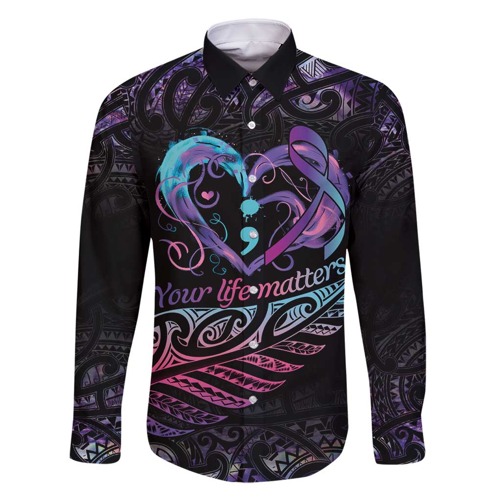 Personalised Your Life Matters Family Matching Off Shoulder Maxi Dress and Hawaiian Shirt Suicide Prevention Awareness Semicolon Heart LT9 Dad's Shirt - Long Sleeve Black - Polynesian Pride