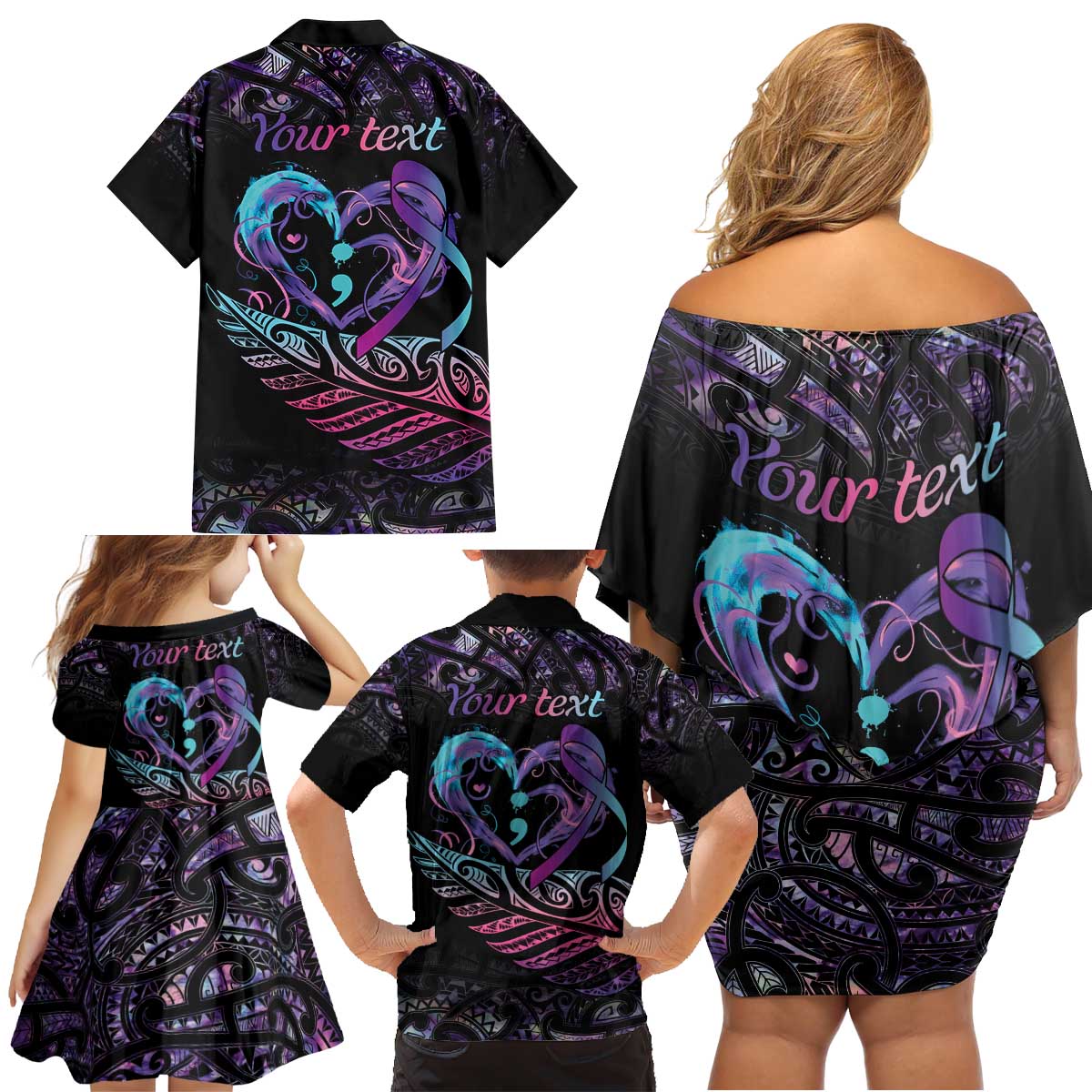 Personalised Your Life Matters Family Matching Off Shoulder Short Dress and Hawaiian Shirt Suicide Prevention Awareness Semicolon Heart LT9 - Polynesian Pride