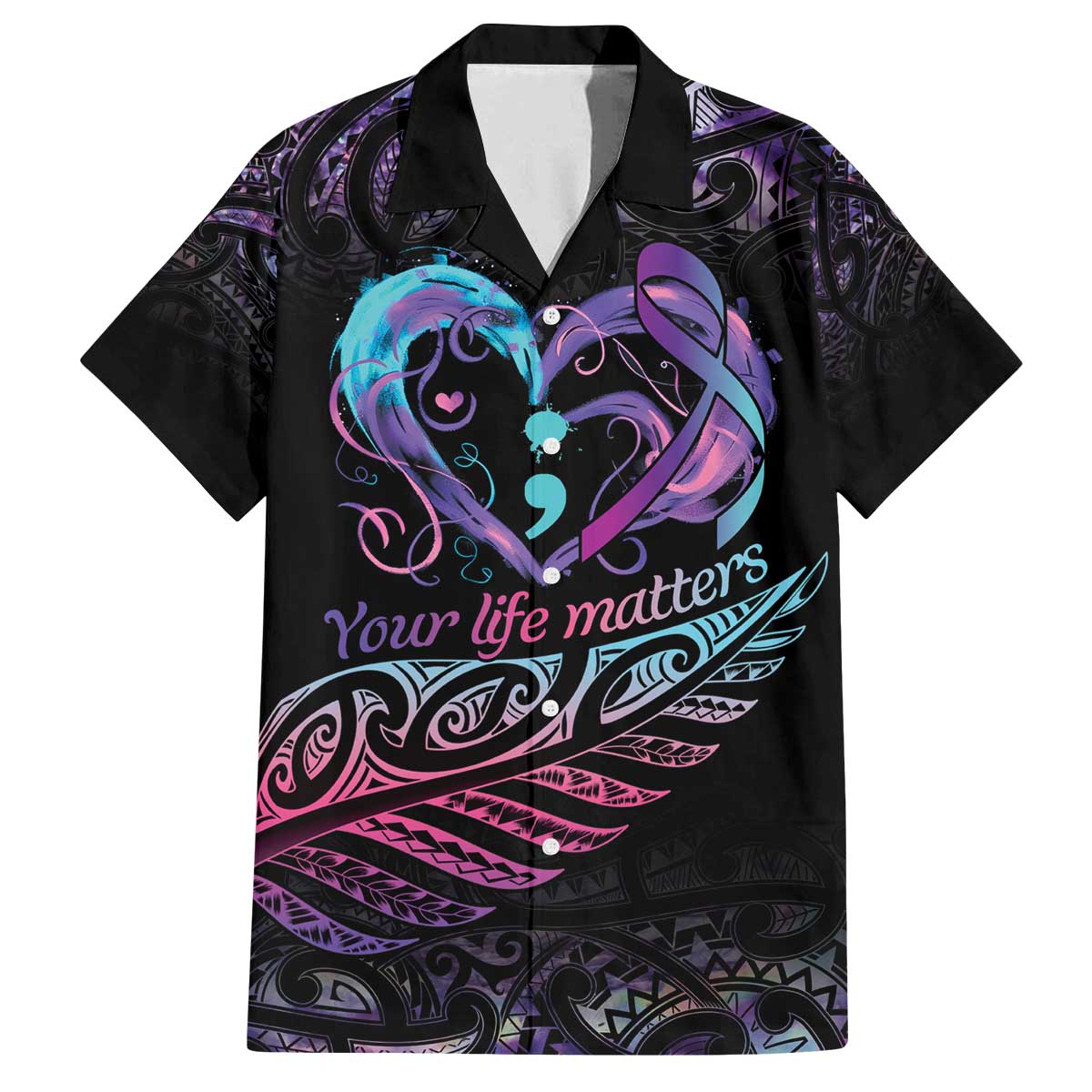 Personalised Your Life Matters Family Matching Off Shoulder Short Dress and Hawaiian Shirt Suicide Prevention Awareness Semicolon Heart LT9 Dad's Shirt - Short Sleeve Black - Polynesian Pride