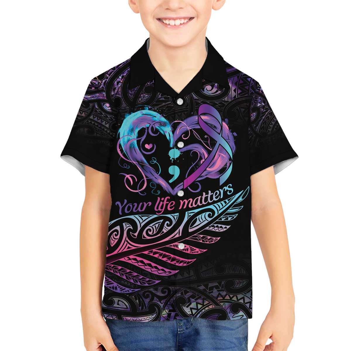 Personalised Your Life Matters Family Matching Off Shoulder Short Dress and Hawaiian Shirt Suicide Prevention Awareness Semicolon Heart LT9 Son's Shirt Black - Polynesian Pride
