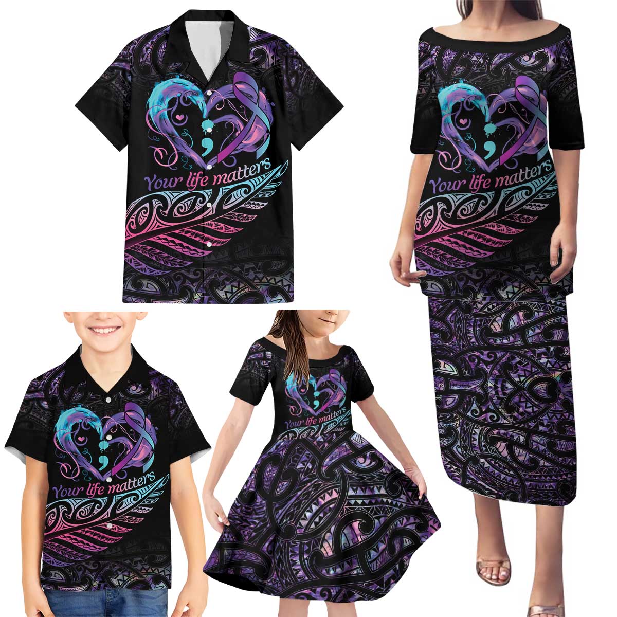 Personalised Your Life Matters Family Matching Puletasi and Hawaiian Shirt Suicide Prevention Awareness Semicolon Heart LT9 - Polynesian Pride