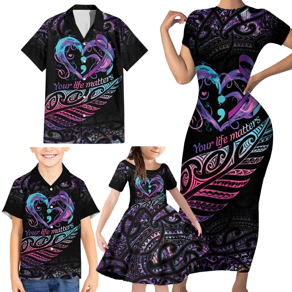Personalised Your Life Matters Family Matching Short Sleeve Bodycon Dress and Hawaiian Shirt Suicide Prevention Awareness Semicolon Heart LT9 - Polynesian Pride