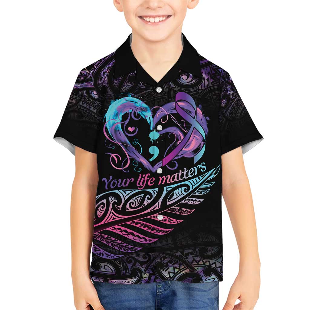 Personalised Your Life Matters Family Matching Summer Maxi Dress and Hawaiian Shirt Suicide Prevention Awareness Semicolon Heart LT9 Son's Shirt Black - Polynesian Pride