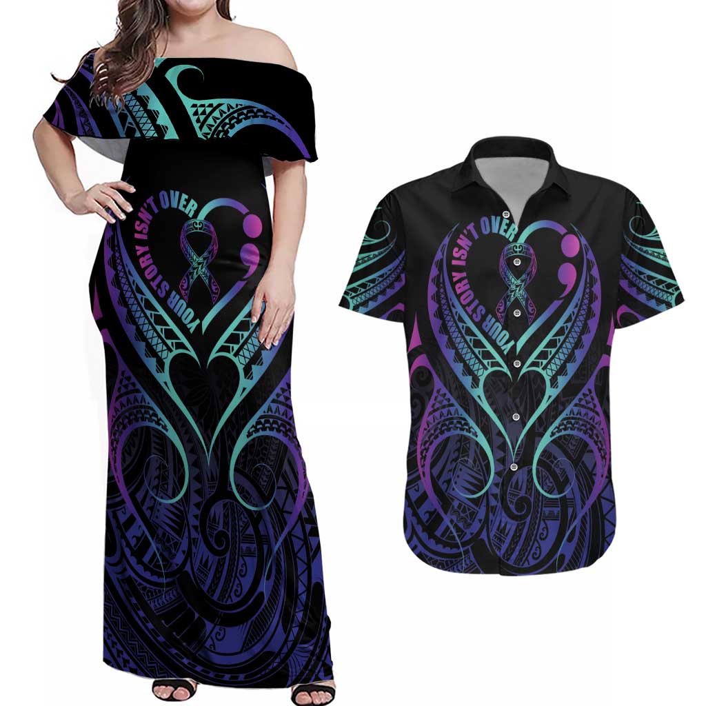 Personalised Your Story Isn't Over Couples Matching Off Shoulder Maxi Dress and Hawaiian Shirt Suicide Prevention Awareness Semicolon Heart LT9 Black - Polynesian Pride