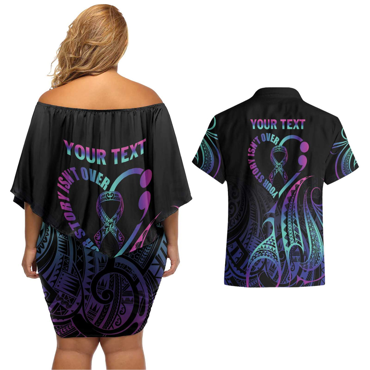 Personalised Your Story Isn't Over Couples Matching Off Shoulder Short Dress and Hawaiian Shirt Suicide Prevention Awareness Semicolon Heart LT9 - Polynesian Pride