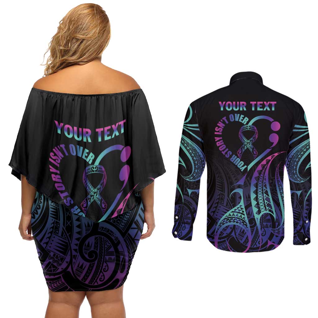 Personalised Your Story Isn't Over Couples Matching Off Shoulder Short Dress and Long Sleeve Button Shirt Suicide Prevention Awareness Semicolon Heart