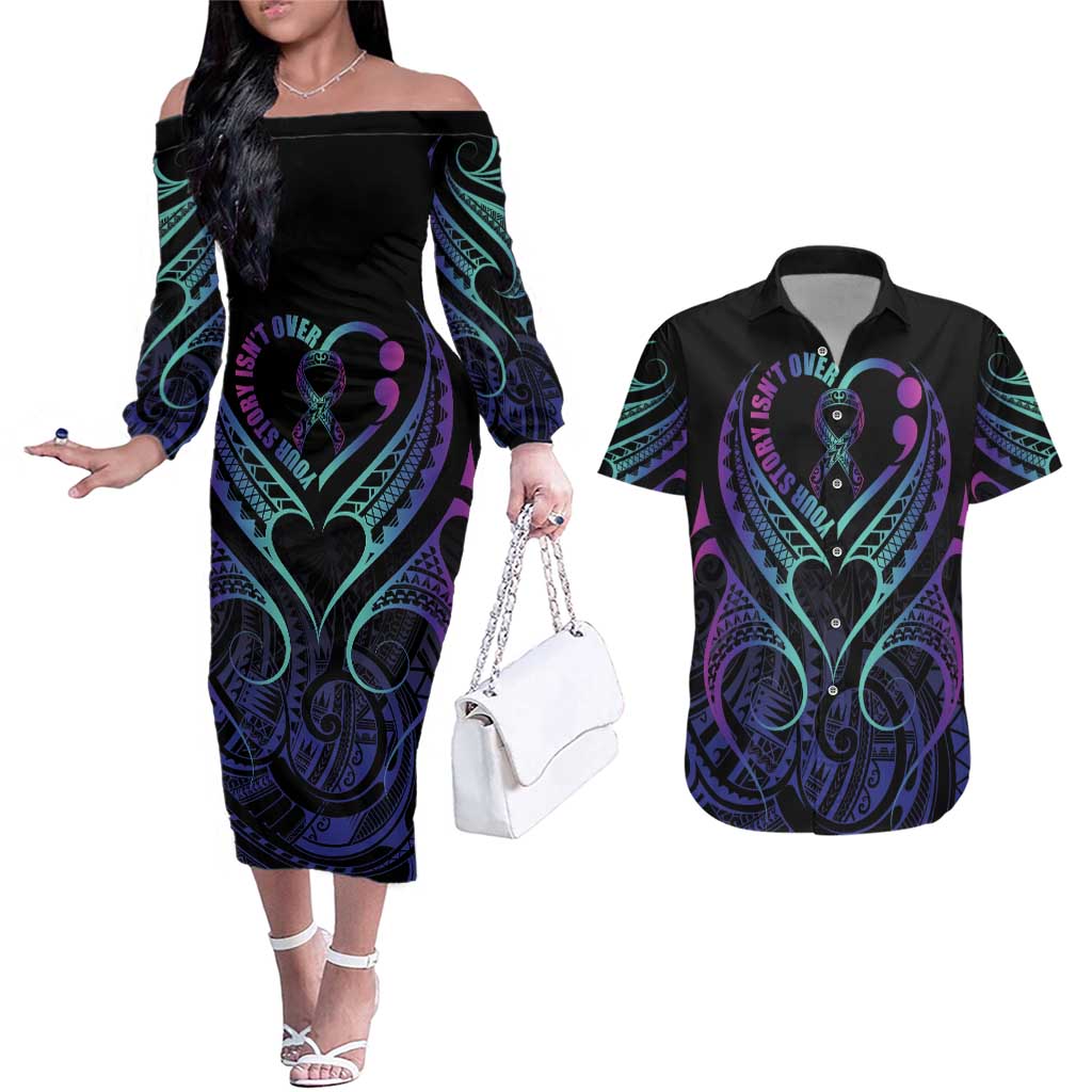 Personalised Your Story Isn't Over Couples Matching Off The Shoulder Long Sleeve Dress and Hawaiian Shirt Suicide Prevention Awareness Semicolon Heart