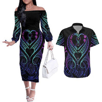 Personalised Your Story Isn't Over Couples Matching Off The Shoulder Long Sleeve Dress and Hawaiian Shirt Suicide Prevention Awareness Semicolon Heart LT9 Black - Polynesian Pride