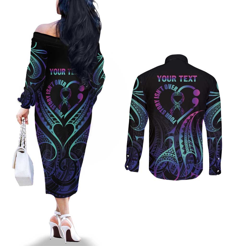 Personalised Your Story Isn't Over Couples Matching Off The Shoulder Long Sleeve Dress and Long Sleeve Button Shirt Suicide Prevention Awareness Semicolon Heart LT9 - Polynesian Pride