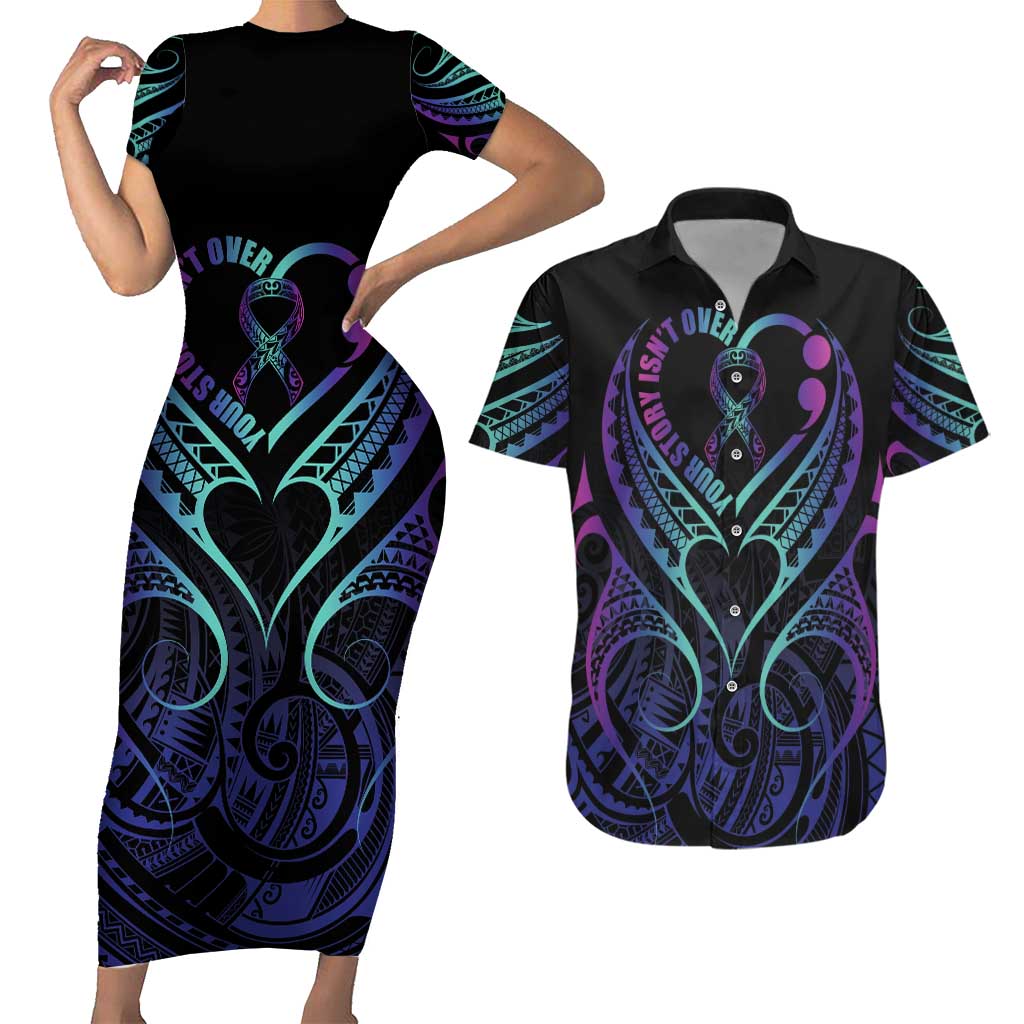 Personalised Your Story Isn't Over Couples Matching Short Sleeve Bodycon Dress and Hawaiian Shirt Suicide Prevention Awareness Semicolon Heart LT9 Black - Polynesian Pride