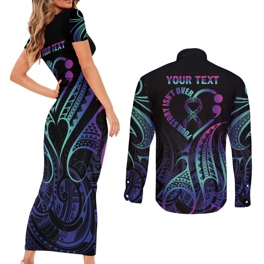 Personalised Your Story Isn't Over Couples Matching Short Sleeve Bodycon Dress and Long Sleeve Button Shirt Suicide Prevention Awareness Semicolon Heart LT9 - Polynesian Pride