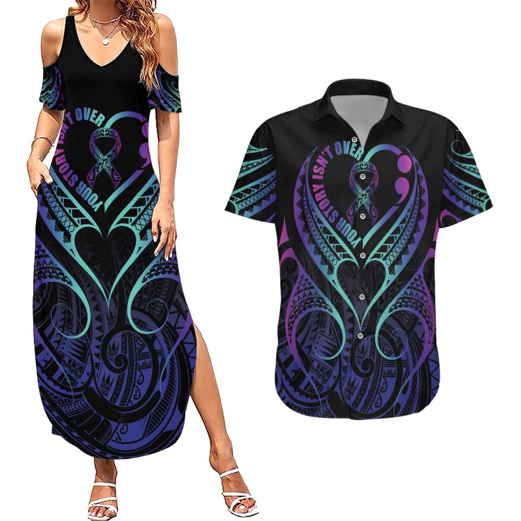 Personalised Your Story Isn't Over Couples Matching Summer Maxi Dress and Hawaiian Shirt Suicide Prevention Awareness Semicolon Heart