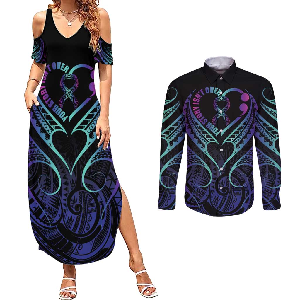 Personalised Your Story Isn't Over Couples Matching Summer Maxi Dress and Long Sleeve Button Shirt Suicide Prevention Awareness Semicolon Heart
