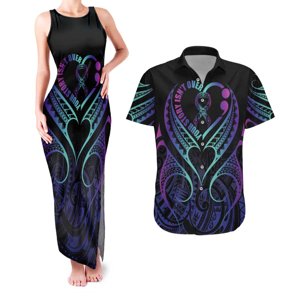 Personalised Your Story Isn't Over Couples Matching Tank Maxi Dress and Hawaiian Shirt Suicide Prevention Awareness Semicolon Heart LT9 Black - Polynesian Pride