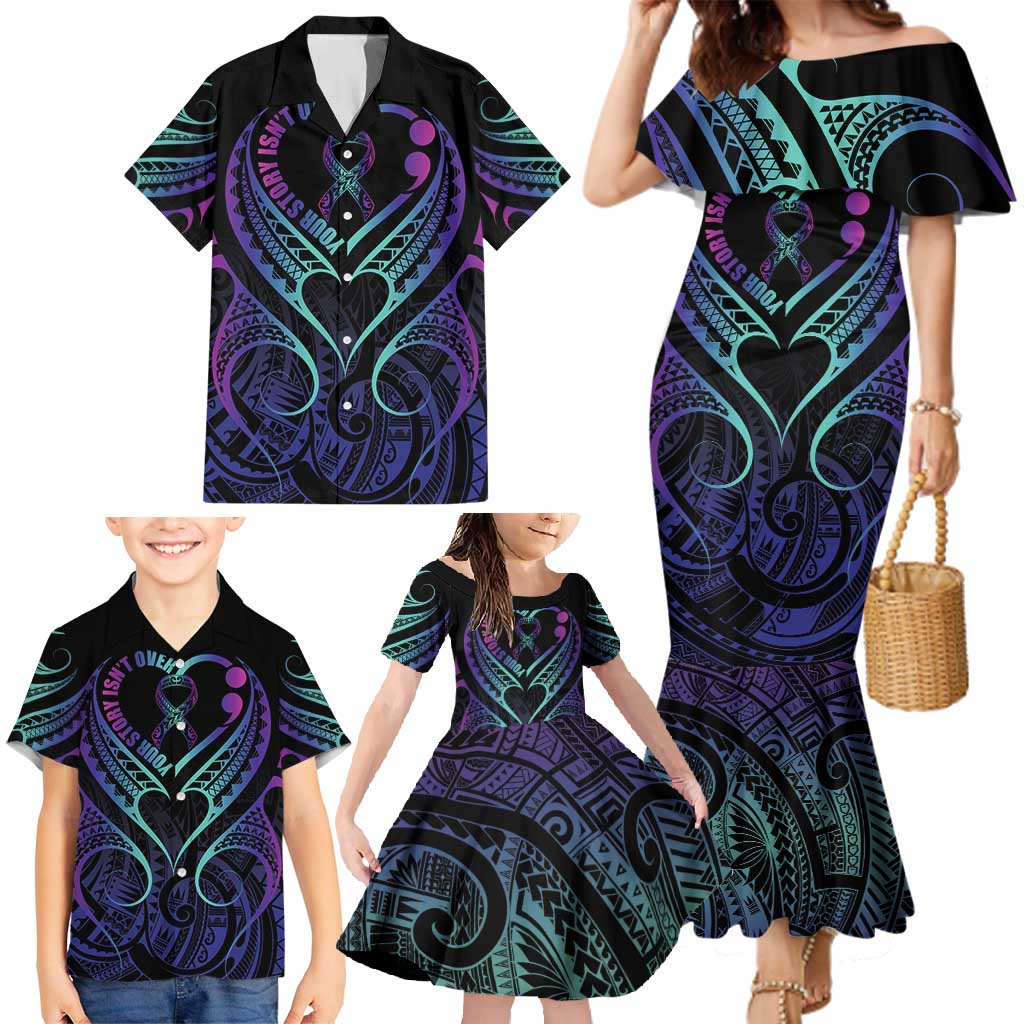 Personalised Your Story Isn't Over Family Matching Mermaid Dress and Hawaiian Shirt Suicide Prevention Awareness Semicolon Heart LT9 - Polynesian Pride