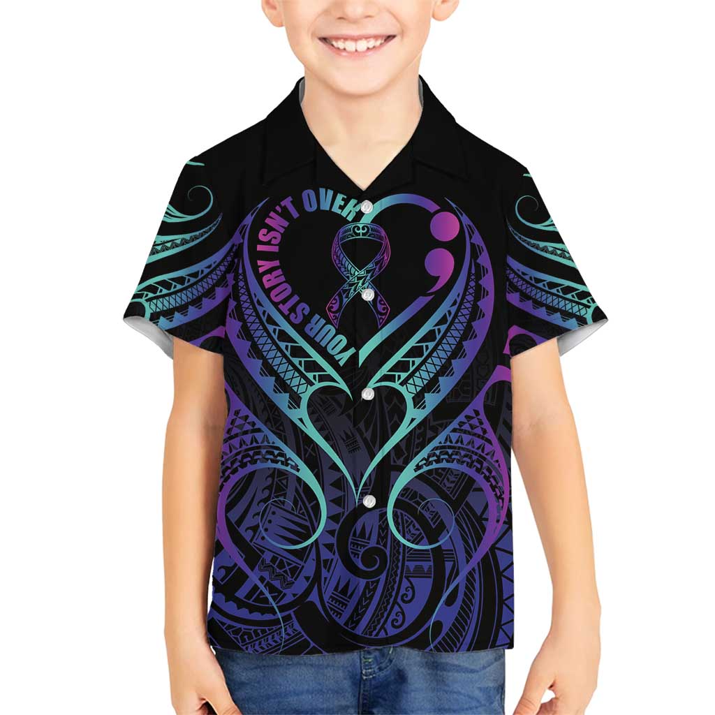 Personalised Your Story Isn't Over Family Matching Off Shoulder Maxi Dress and Hawaiian Shirt Suicide Prevention Awareness Semicolon Heart LT9 Son's Shirt Black - Polynesian Pride